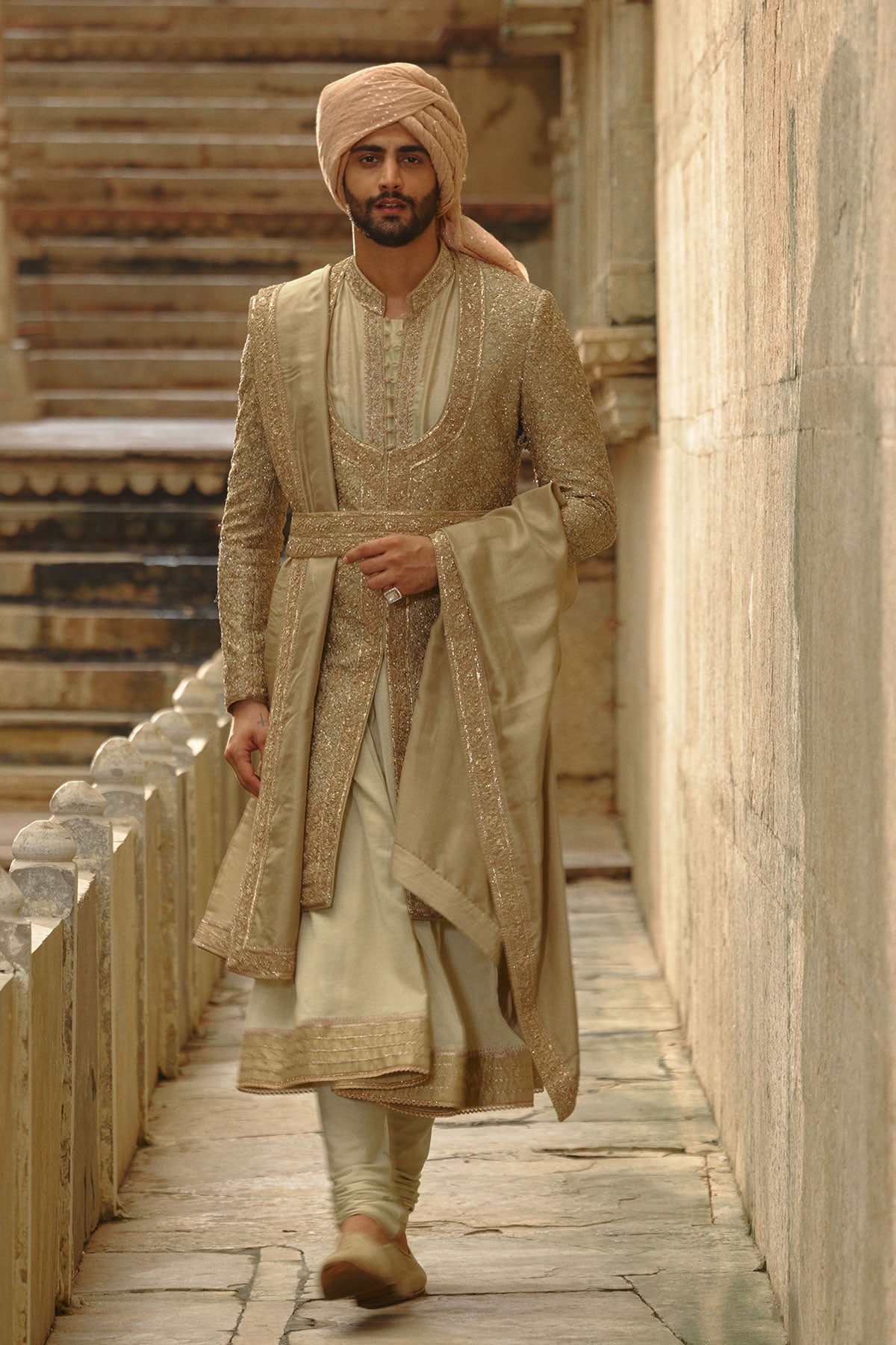 Olive Green Raw Silk Sherwani With Choga Set