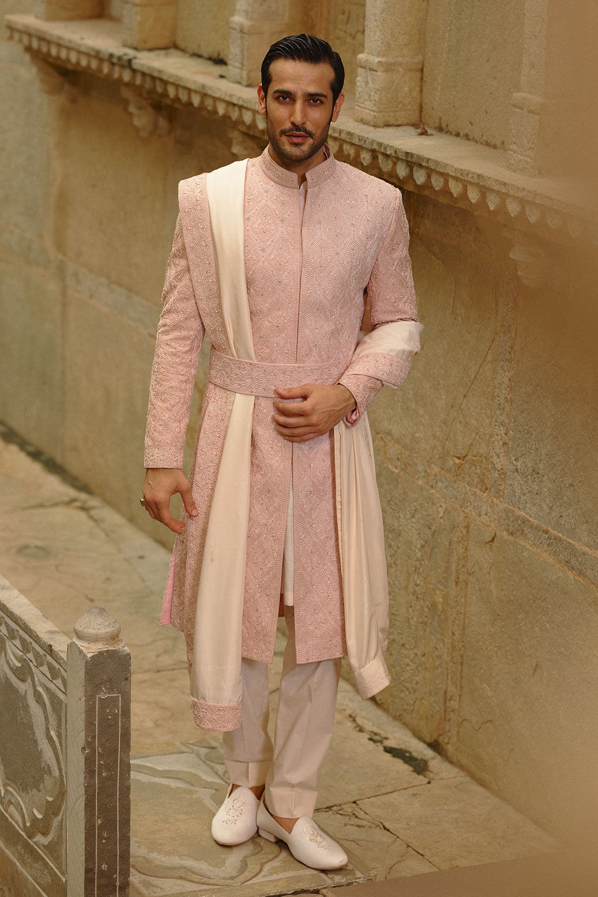 Blush Pink Tafetta Silk Sherwani Set