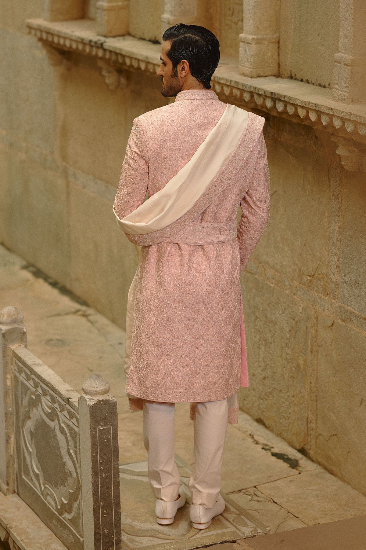 Blush Pink Tafetta Silk Sherwani Set