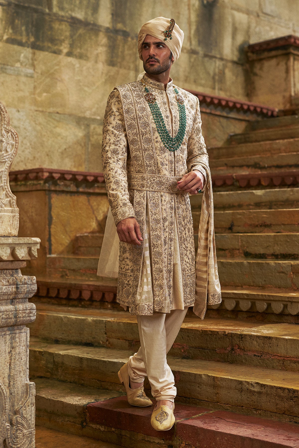Cream Taffeta Sherwani Applique And Zardozi Jaal Set