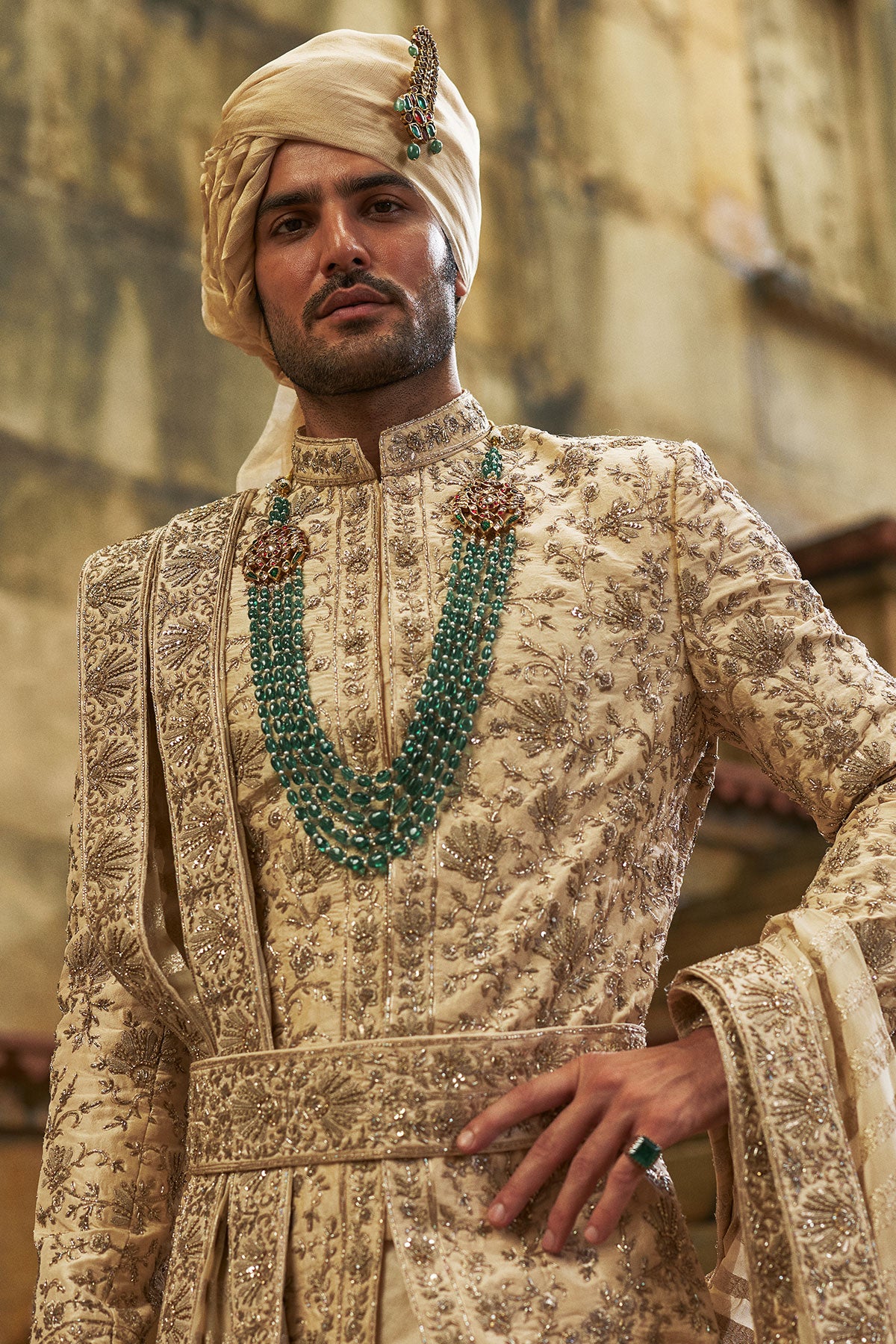 Cream Taffeta Sherwani Applique And Zardozi Jaal Set