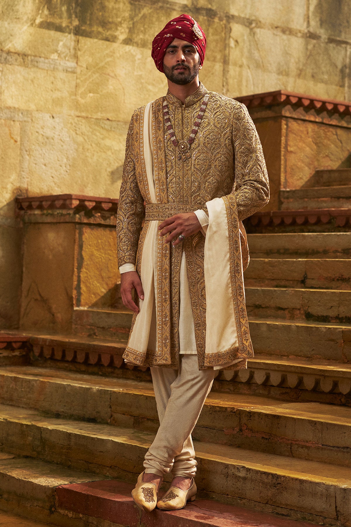 Gold Dupion Silk Sherwani Set