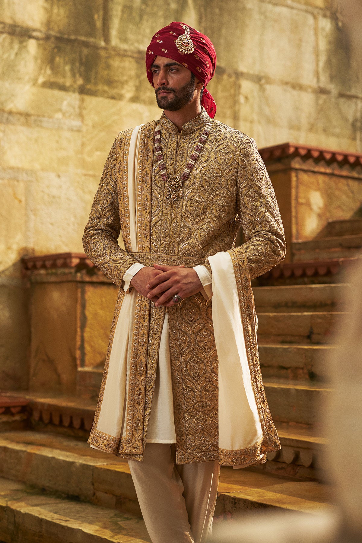Gold Dupion Silk Sherwani Set