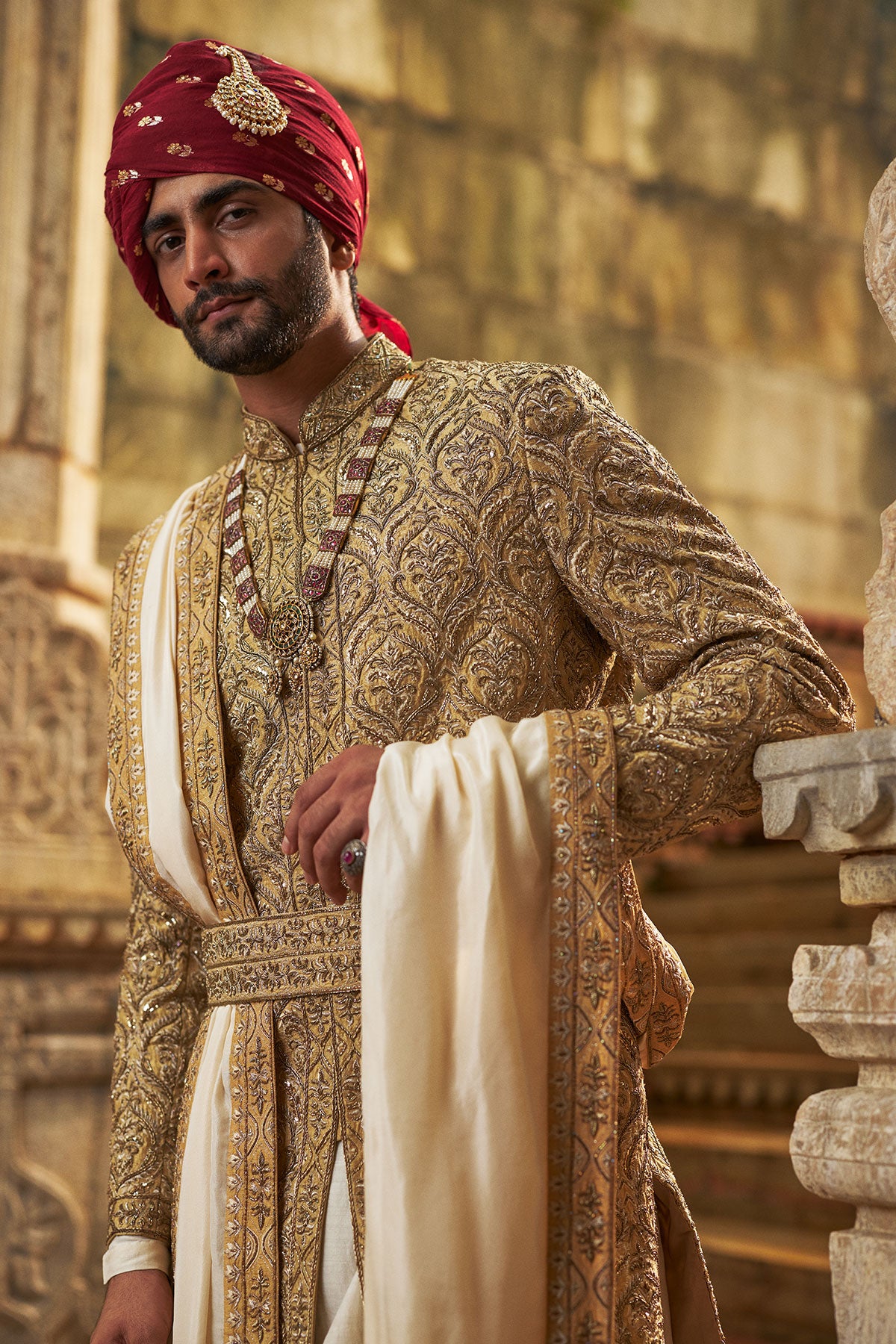 Gold Dupion Silk Sherwani Set