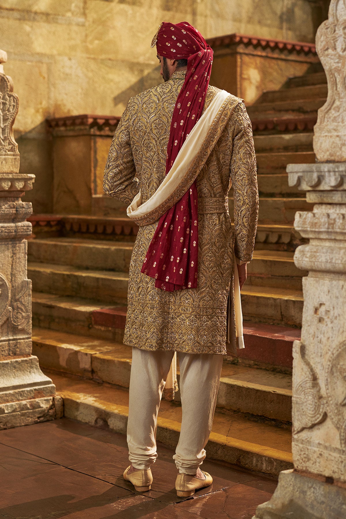 Gold Dupion Silk Sherwani Set