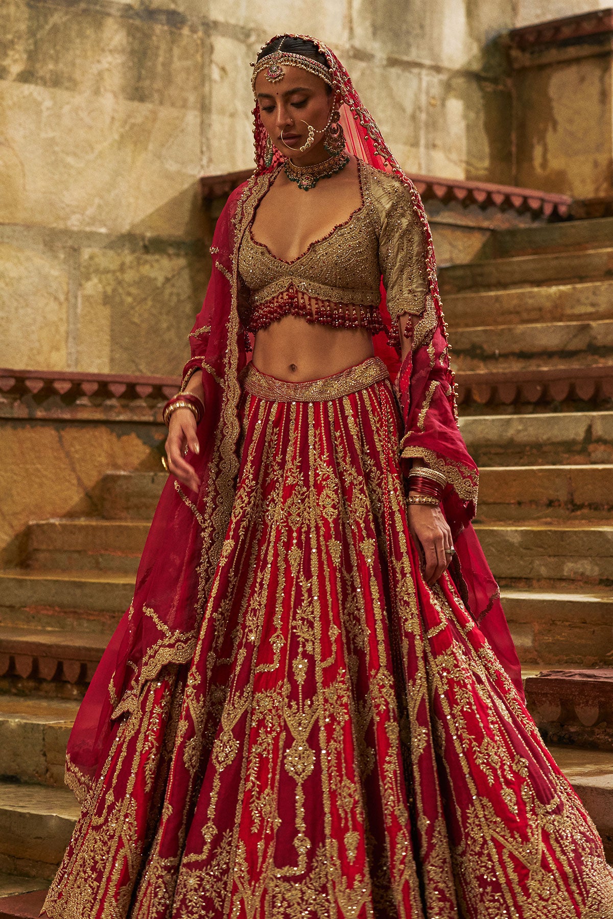 Red Maroon Raw Silk Lehenga Set