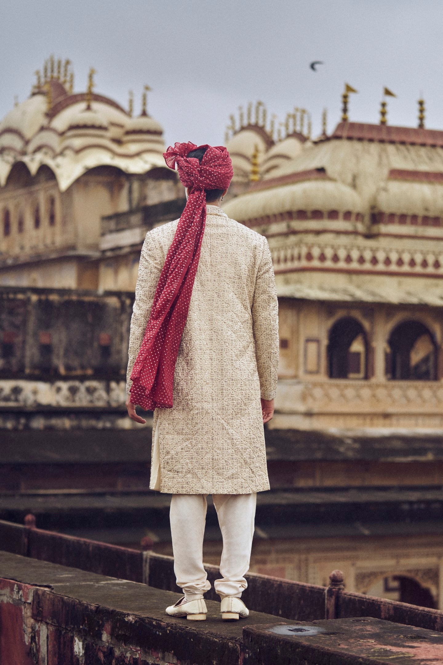 LIGHT BEIGE RAW SILK SHERWANI WITH KURTA AND CHURIDAR