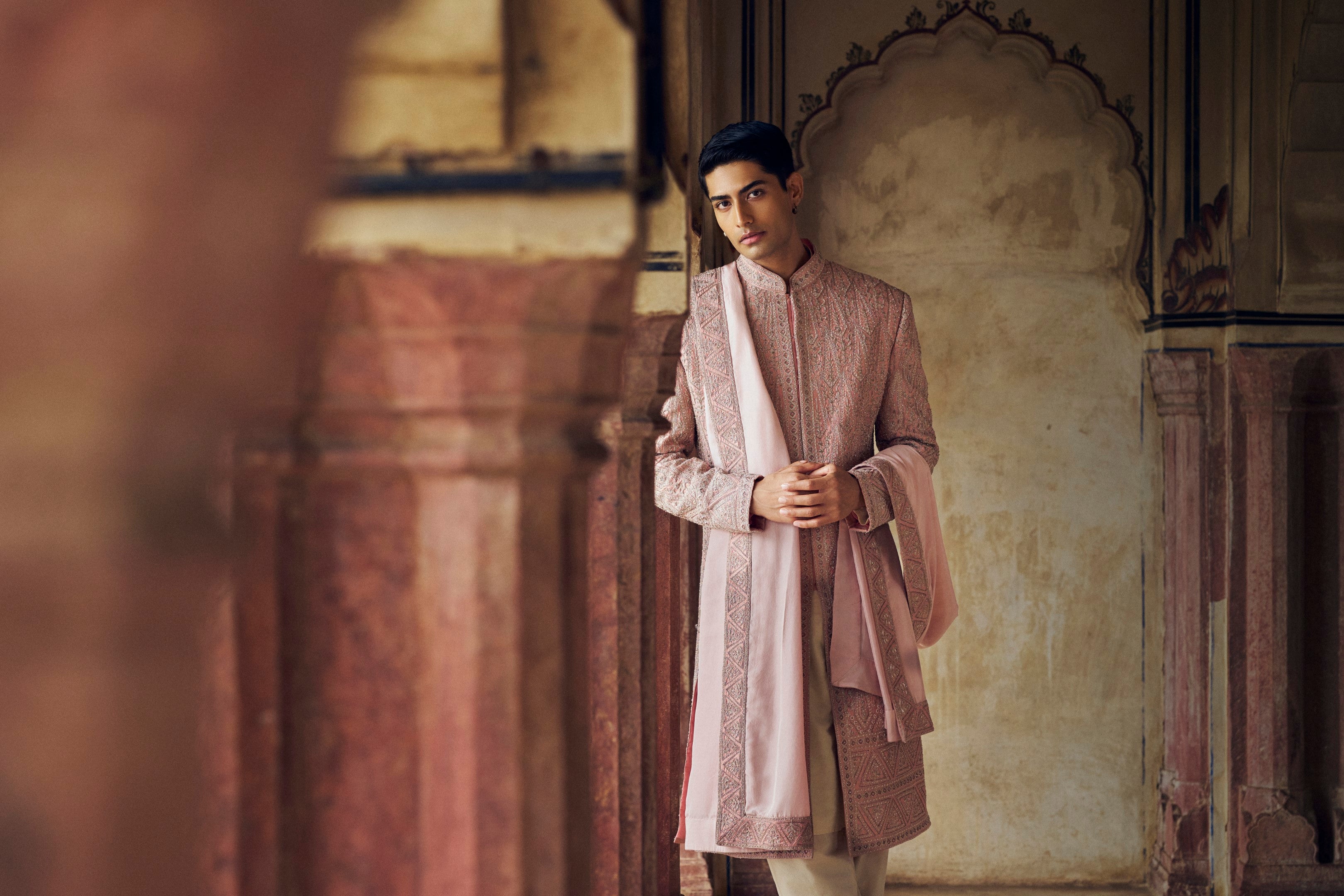 DUSTY ROSE PINK SHERWANI WITH KURTA AND CHURIDAR