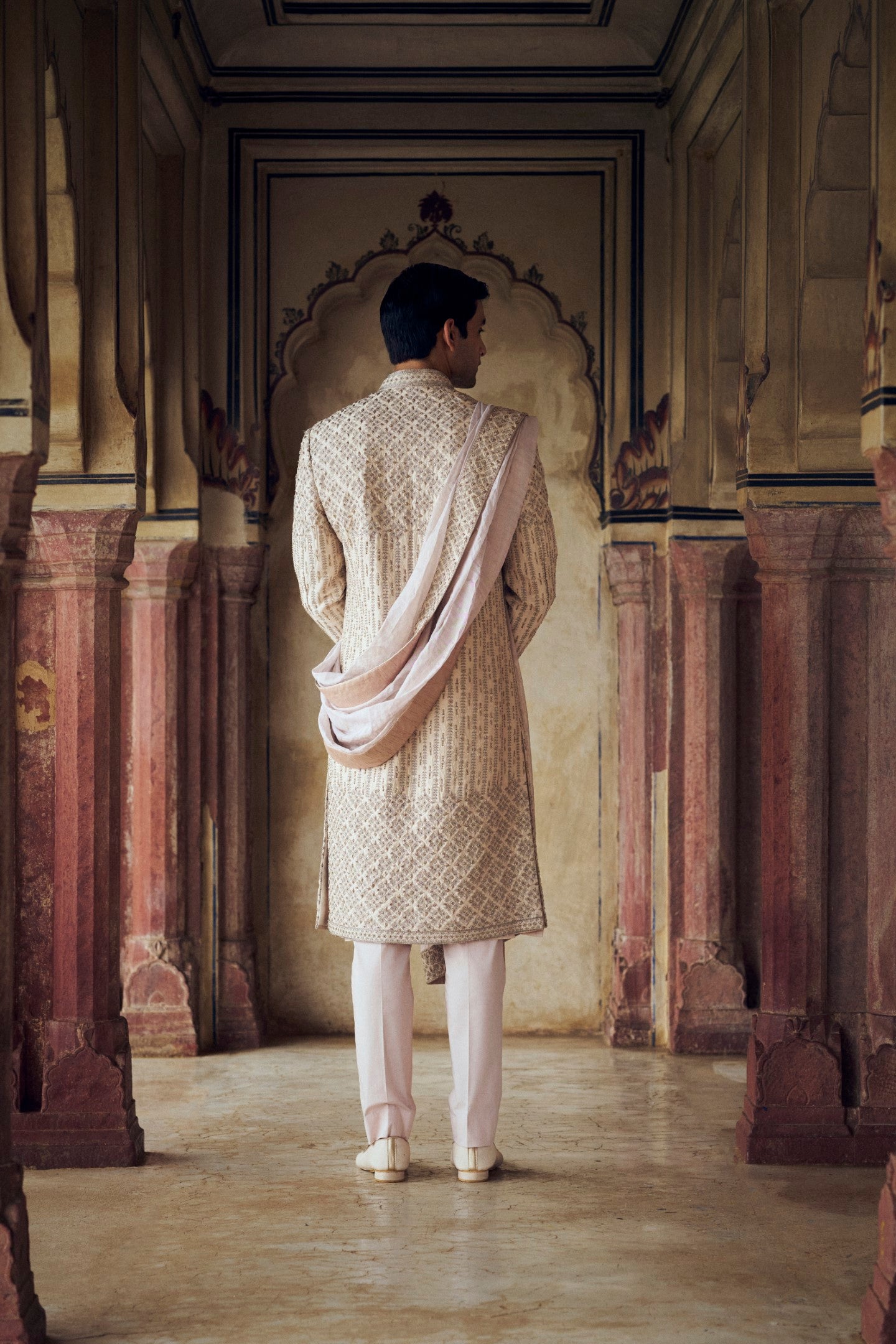 LIGHT BEIGE RAW SILK SHERWANI WITH KURTA CHURIDAR
