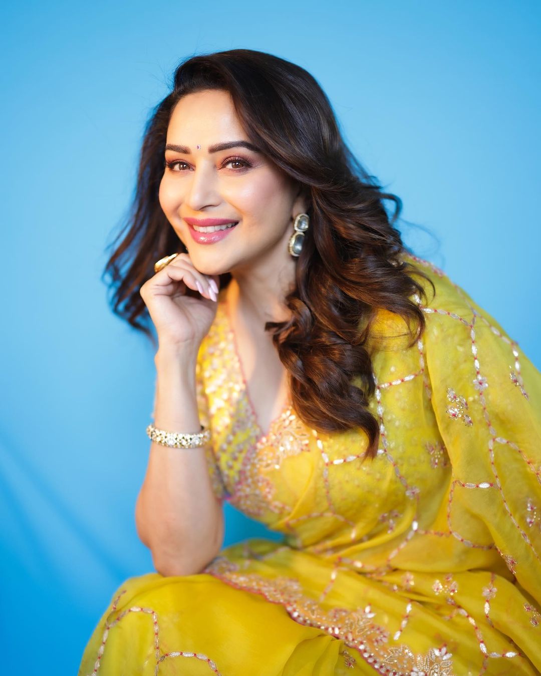 Madhuri Dixit in Yellow Organza Saree