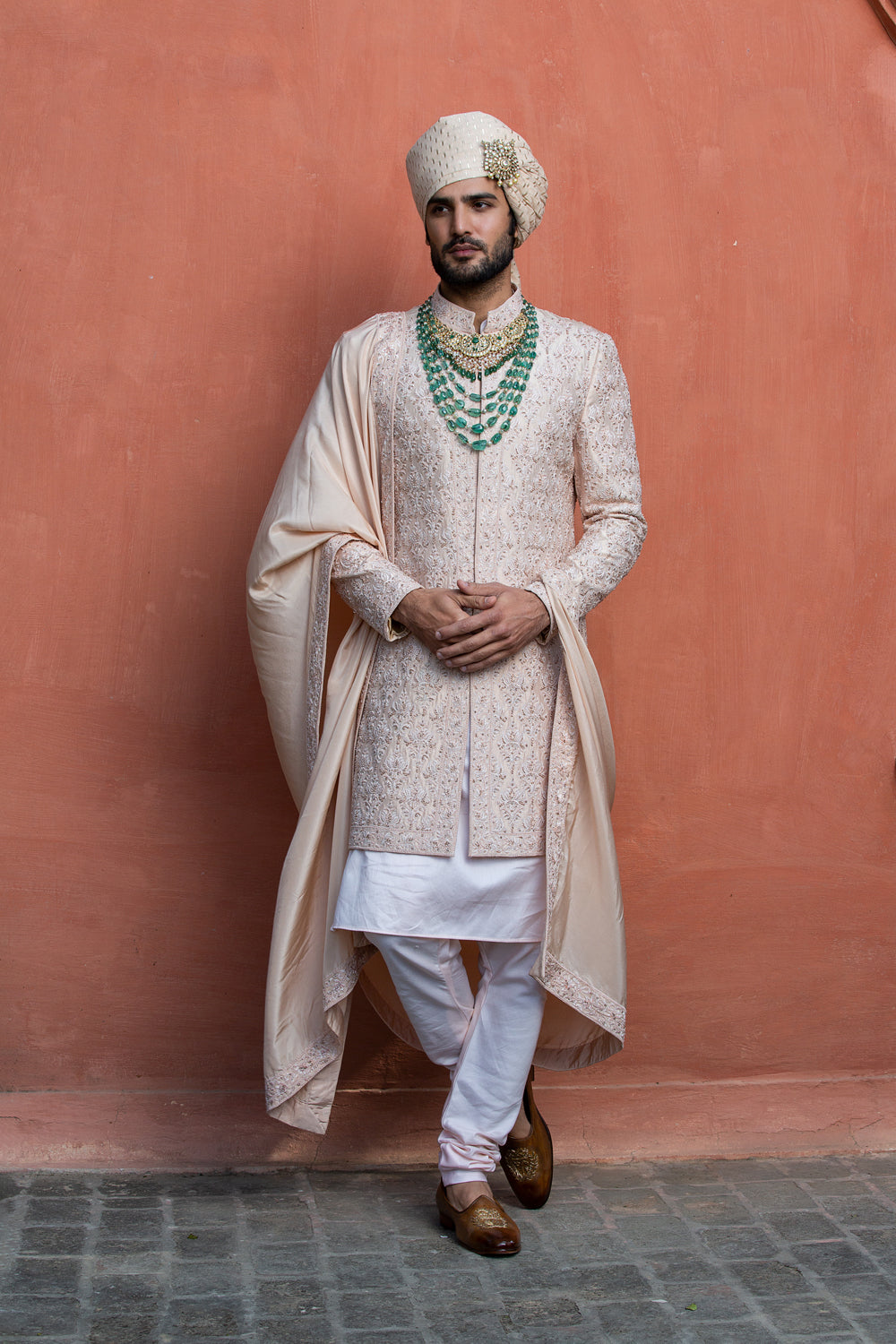 Nude Taffeta Silk Embroidered Sherwani with Kurta and Churidar
