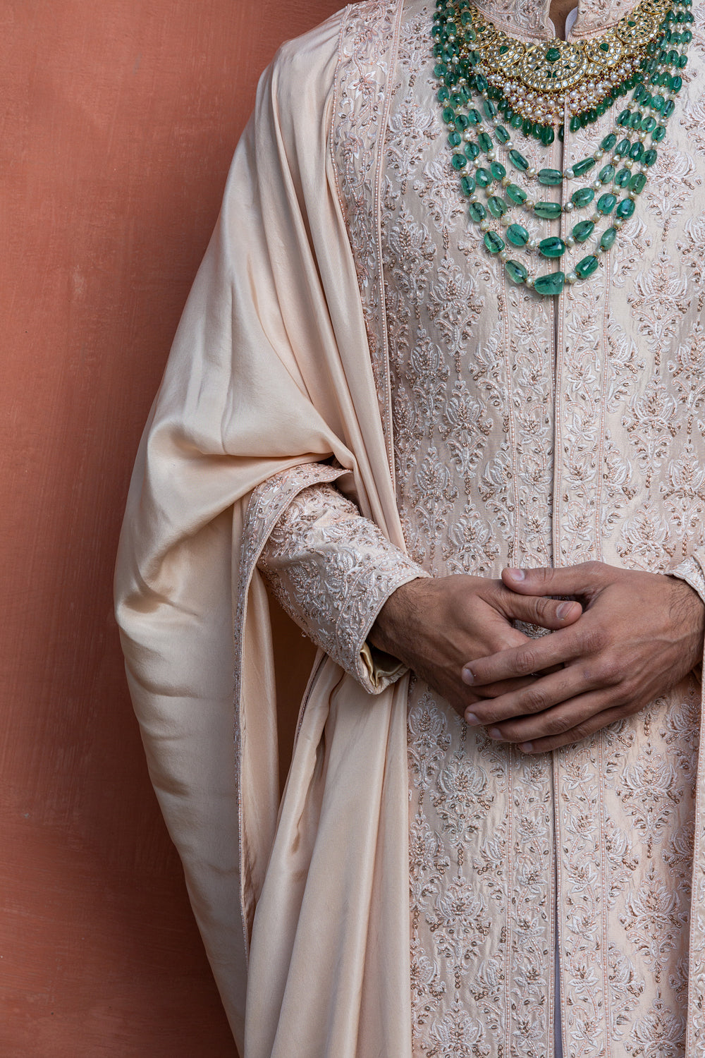 Nude Taffeta Silk Embroidered Sherwani with Kurta and Churidar