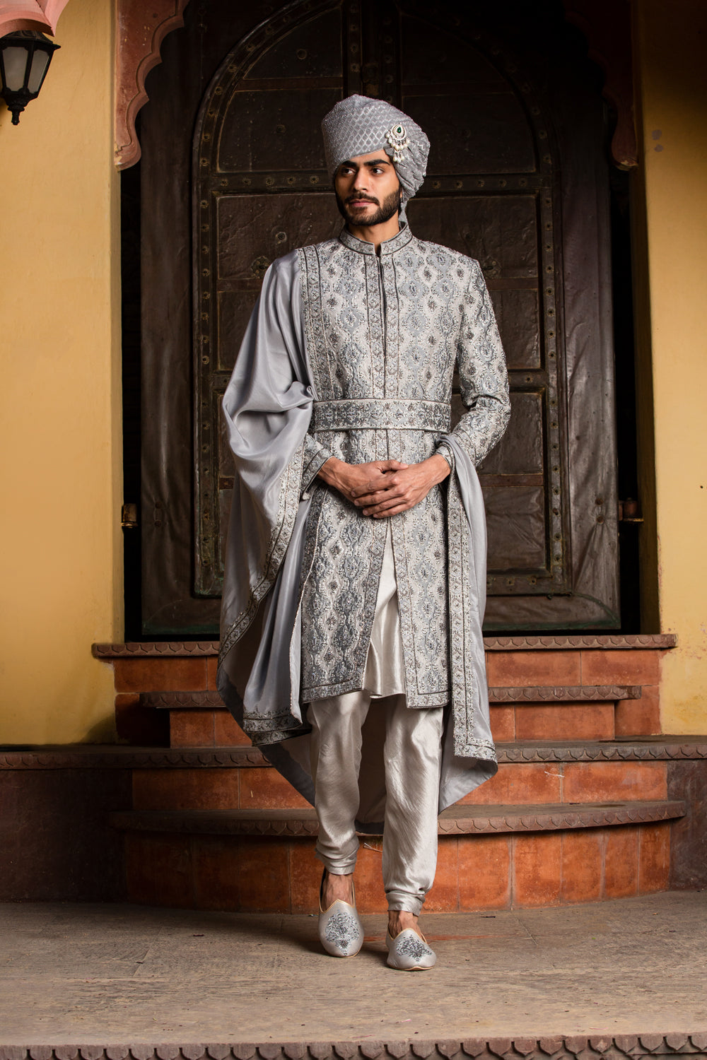 Grey Dupioni Silk Applique Embroidered Achkan and Belt with Monga Kurta and Churidar