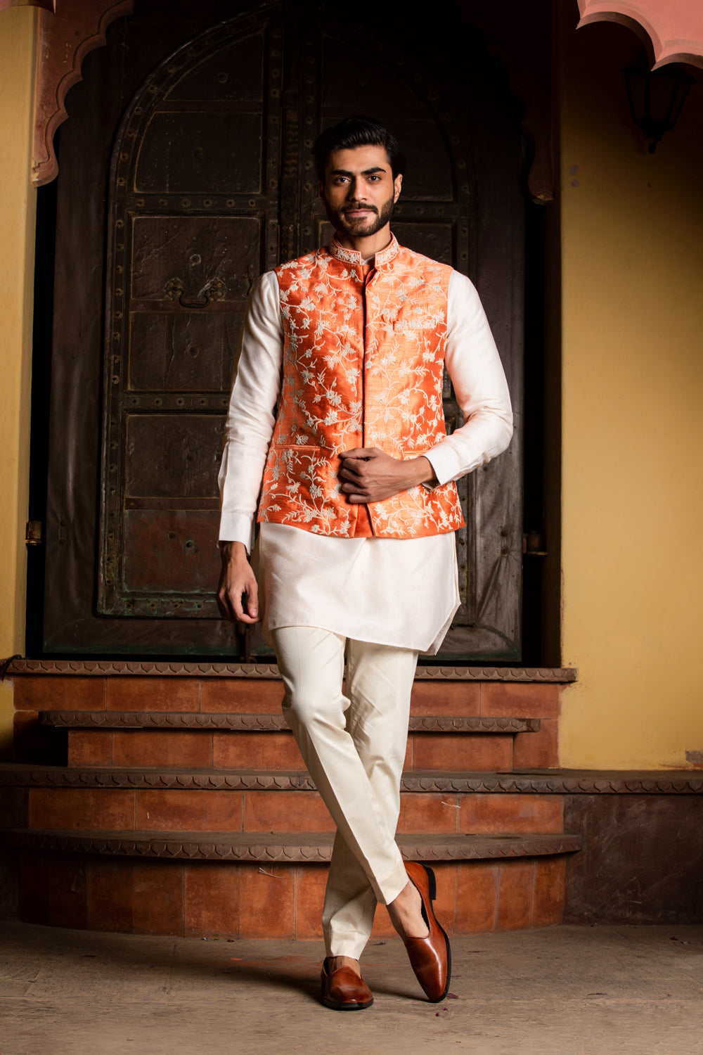 Orange Raw Silk Embroidered Nehru Jacket with Kurta and Pant