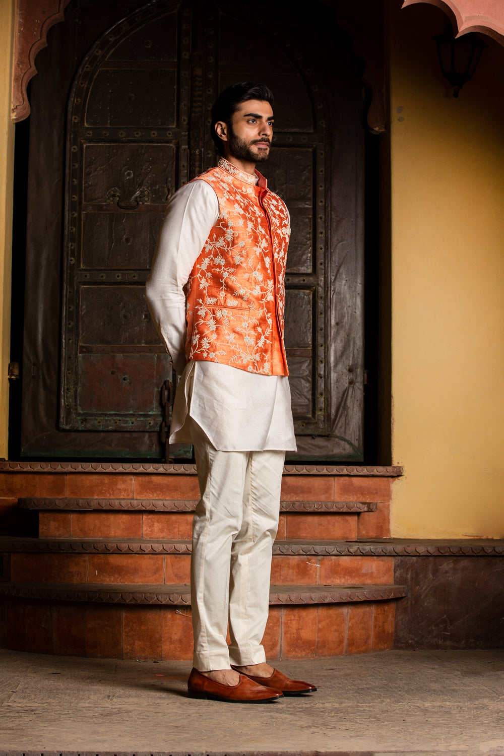 Orange Raw Silk Embroidered Nehru Jacket with Kurta and Pant