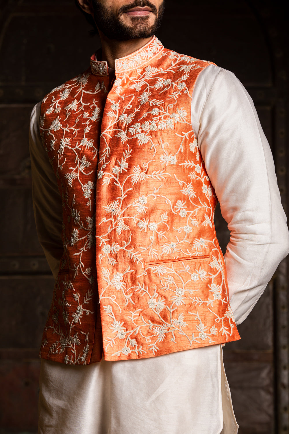 Orange Raw Silk Embroidered Nehru Jacket with Kurta and Pant