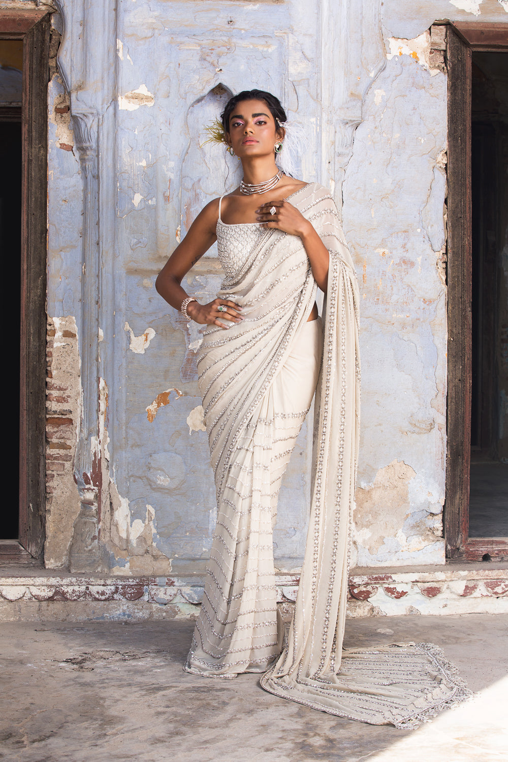 Beige Shimmer Georgette Saree