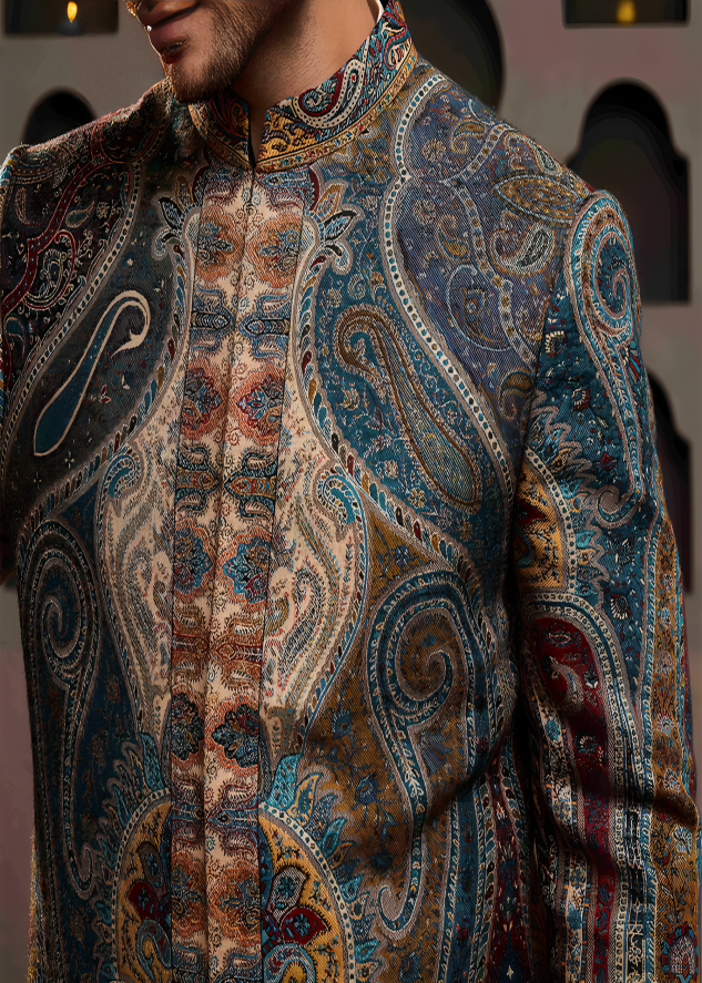 Jamawar Achkan Beige Kurta Trouser