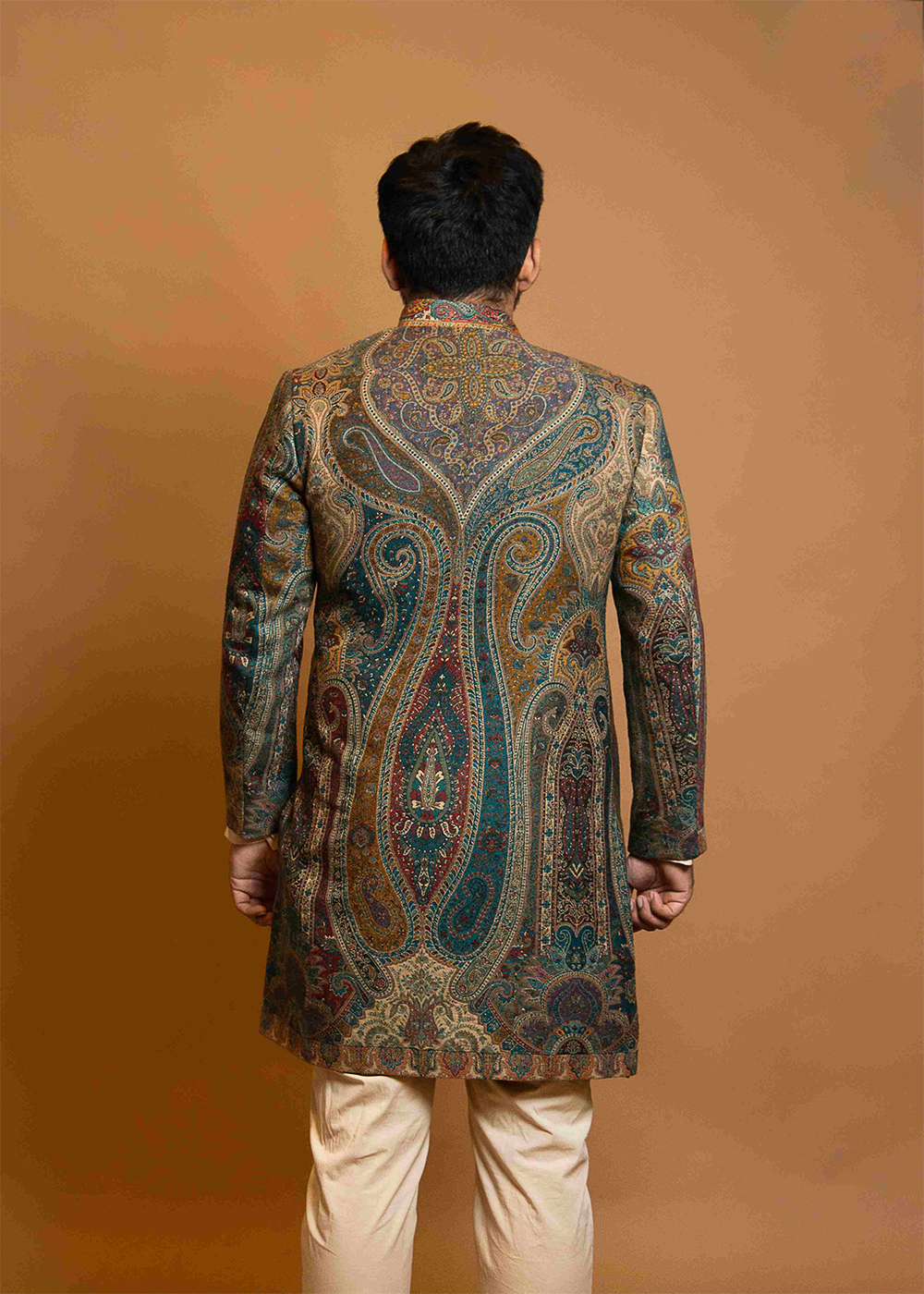 Jamawar Achkan Beige Kurta Trouser