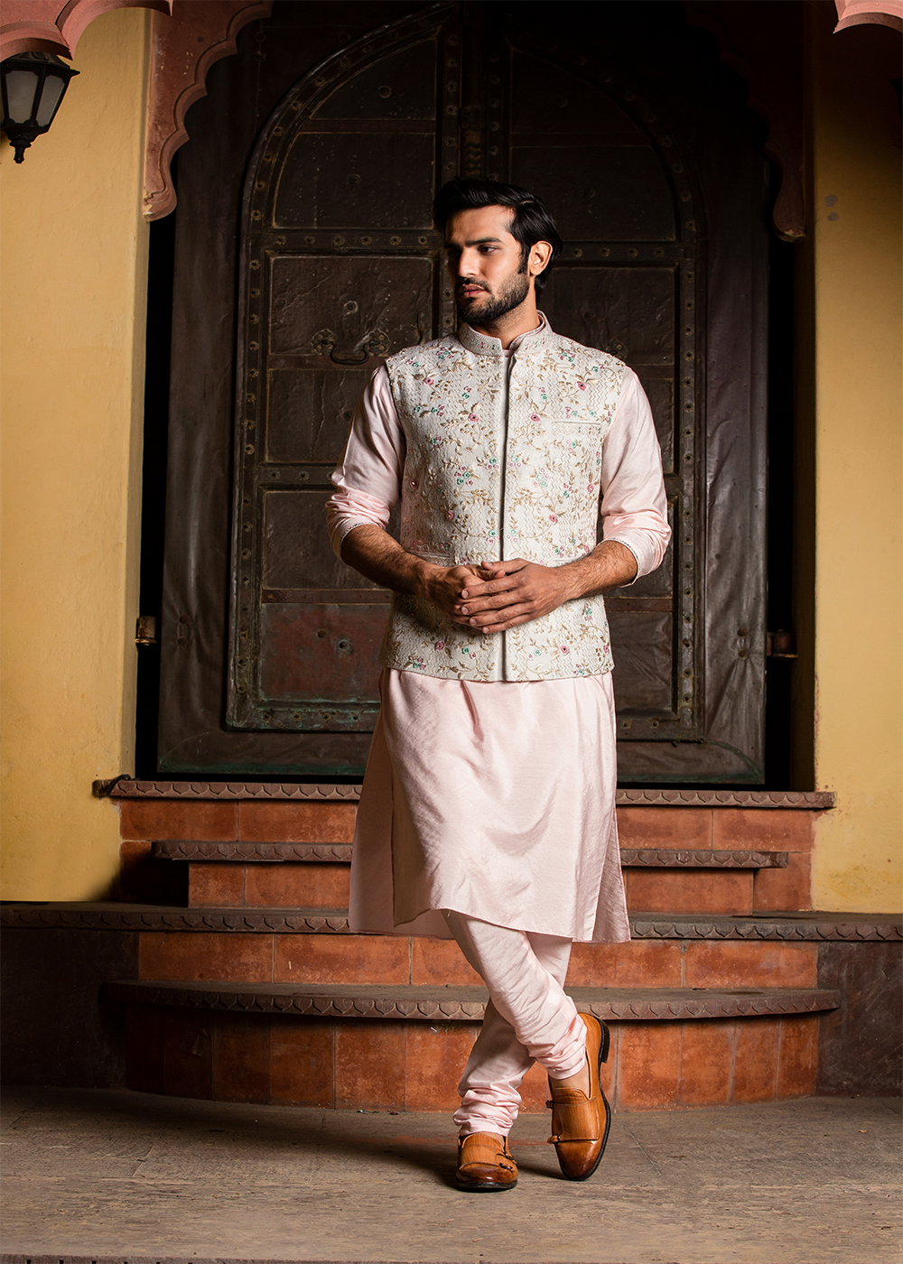Cream Matka Embroidered Jacket with Blush Pink Kurta & Churidar