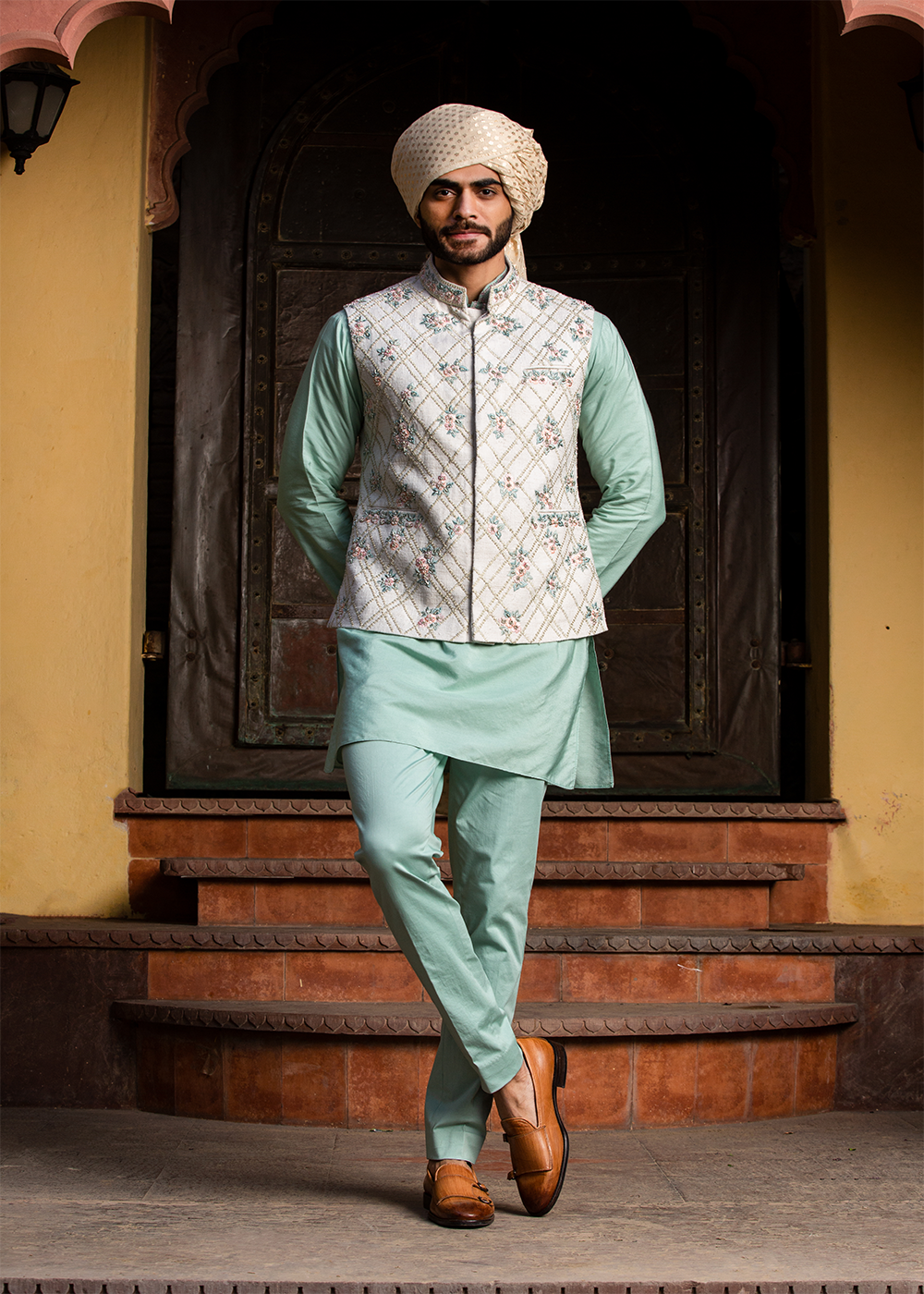 Cream Matka Embroidered Jacket with Mint Green Kurta & Pants