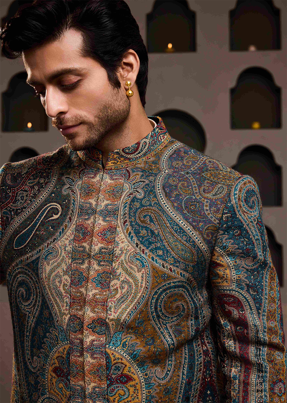 Jamawar Achkan Beige Kurta Trouser