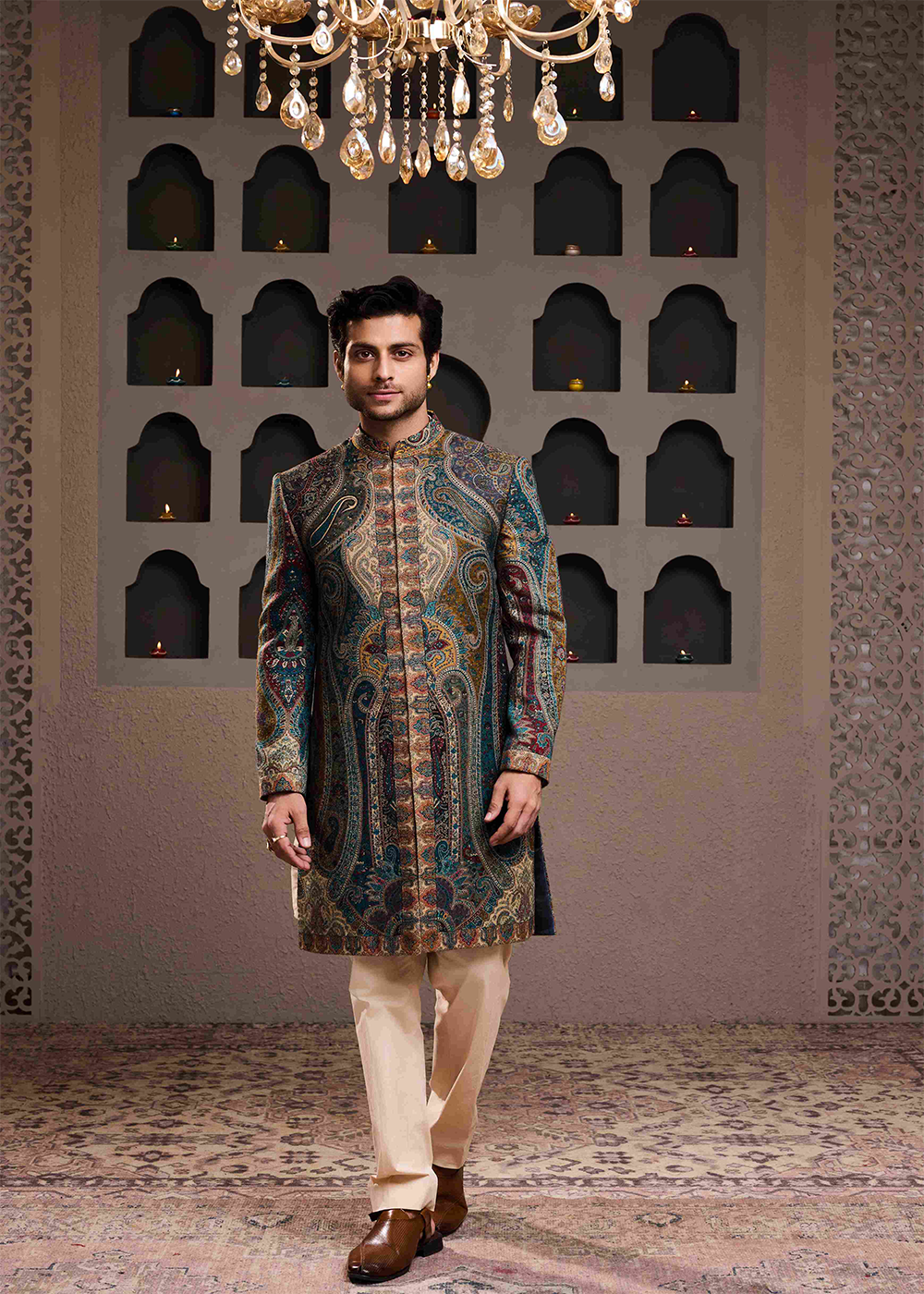 Jamawar Achkan Beige Kurta Trouser