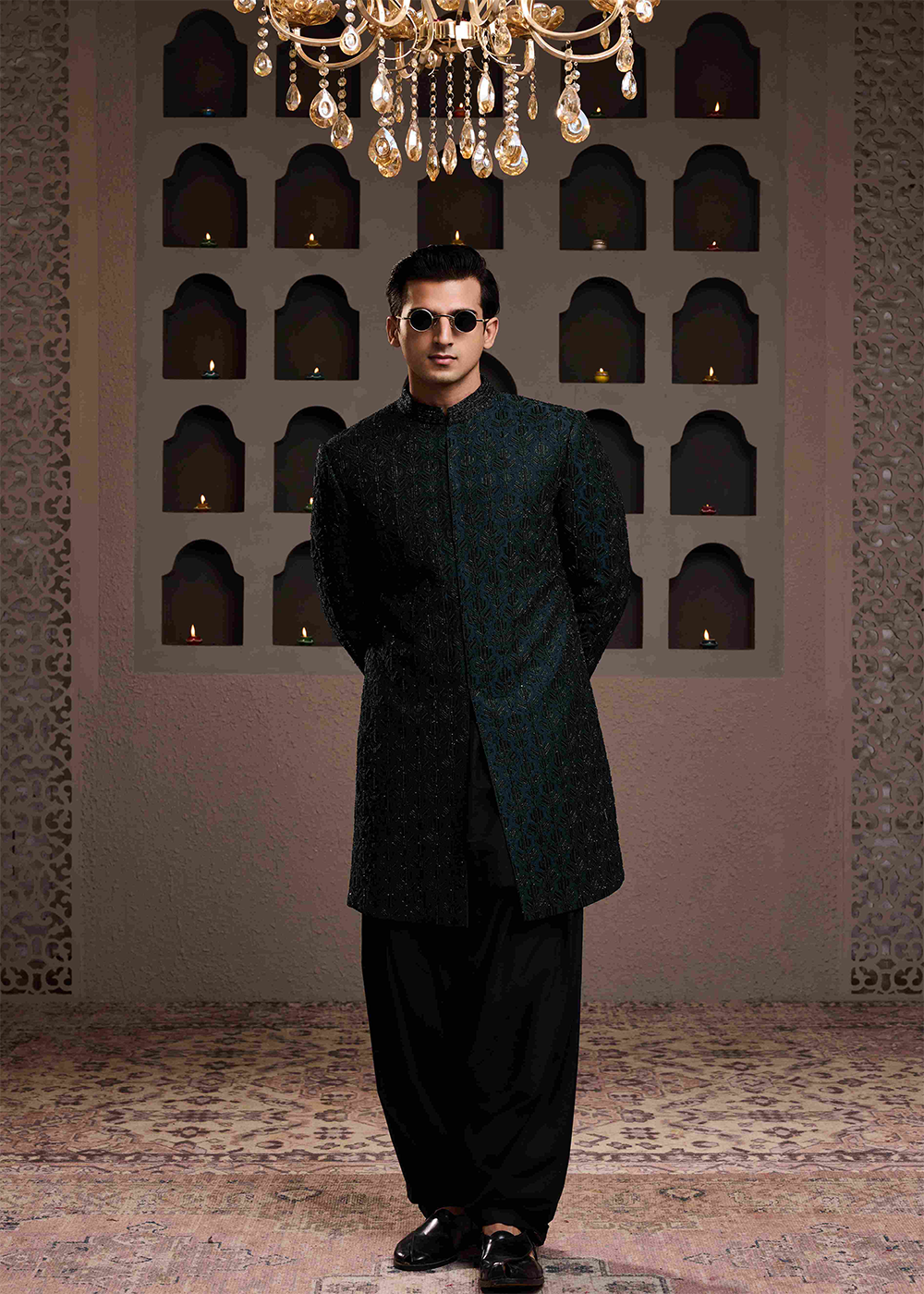 Green Achkan Black Emb Kurta Patiyala Salwar