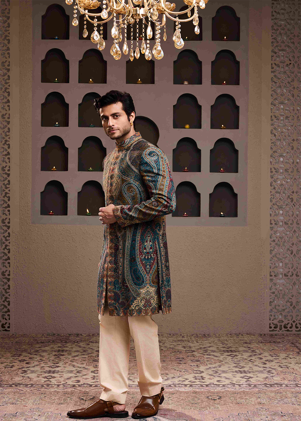 Jamawar Achkan Beige Kurta Trouser
