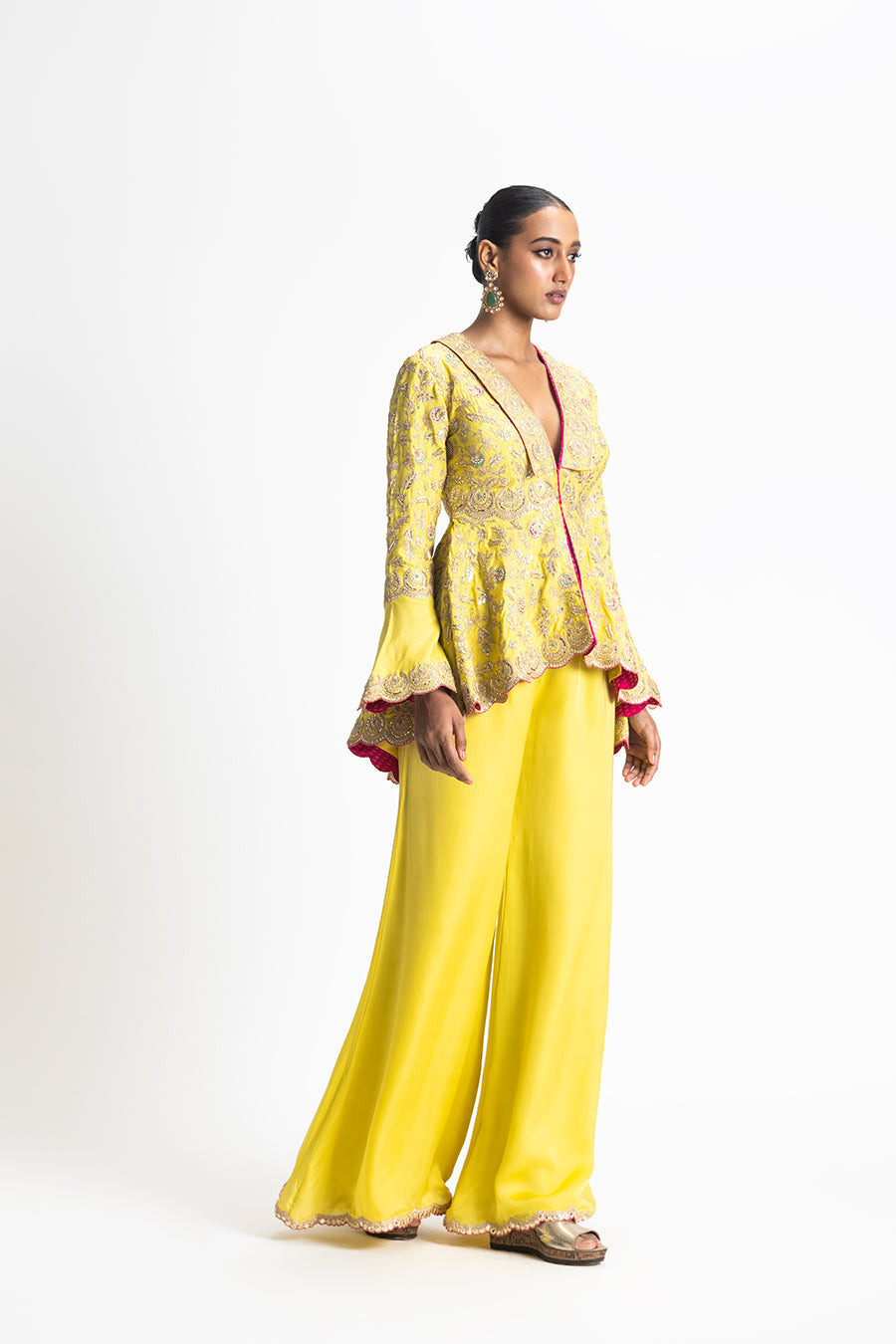 MEHNDI YELLOW JACKET TROUSER SET