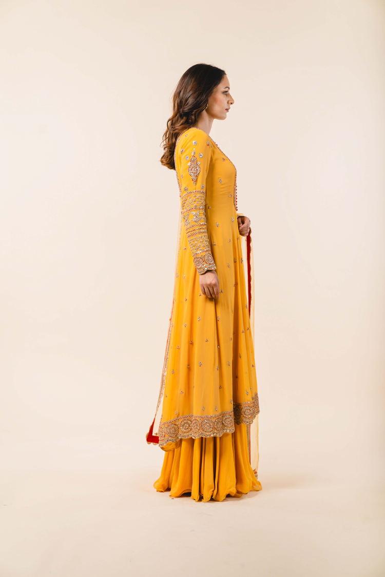 Mustard Shimmer Georgette Kalidar Sharara Set