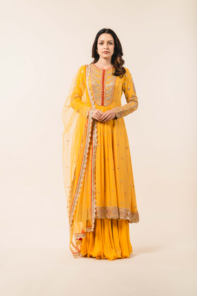 Mustard Shimmer Georgette Kalidar Sharara Set
