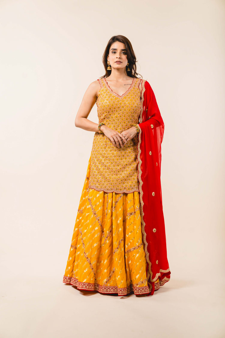 Mustard Georgette Shirt With Benarsi Lehenga Set