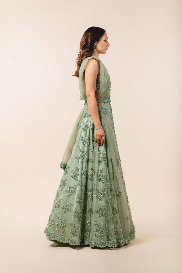 Sage Green Tulle Lehenga Choli Set