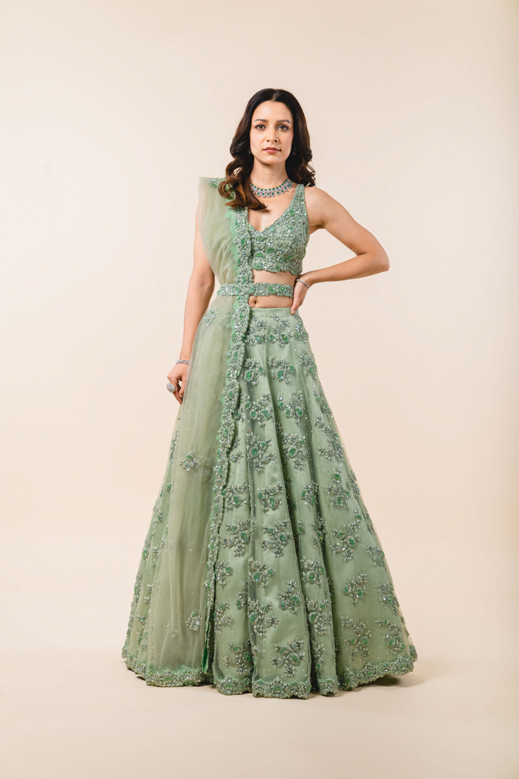 Sage Green Tulle Lehenga Choli Set