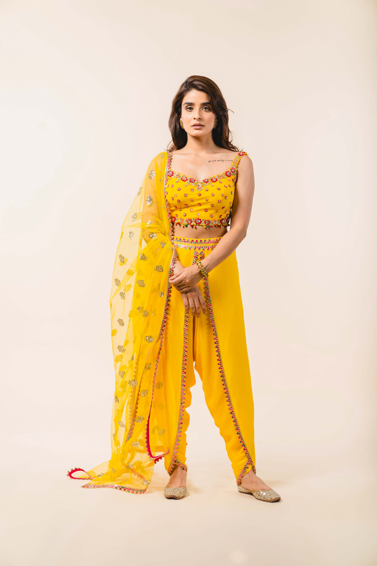 Yellow Lycra Crop Top With Crepe Dhoti Salwar