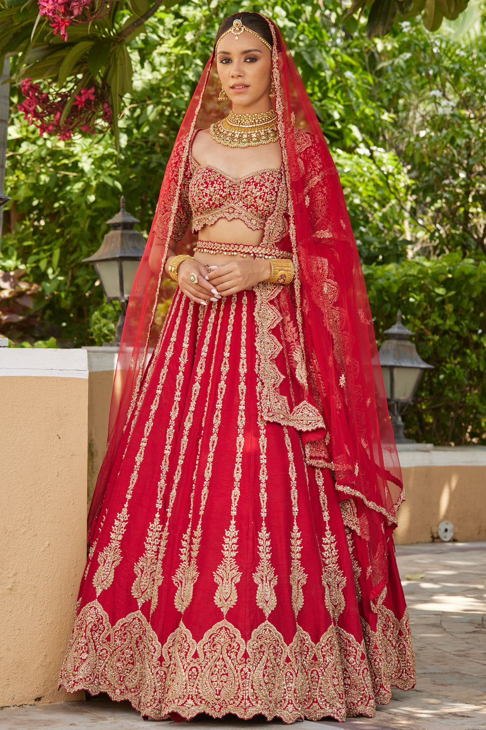 Cardinal Red Raw Silk Lehenga With Tulle Dupatta and Optional Second Dupatta