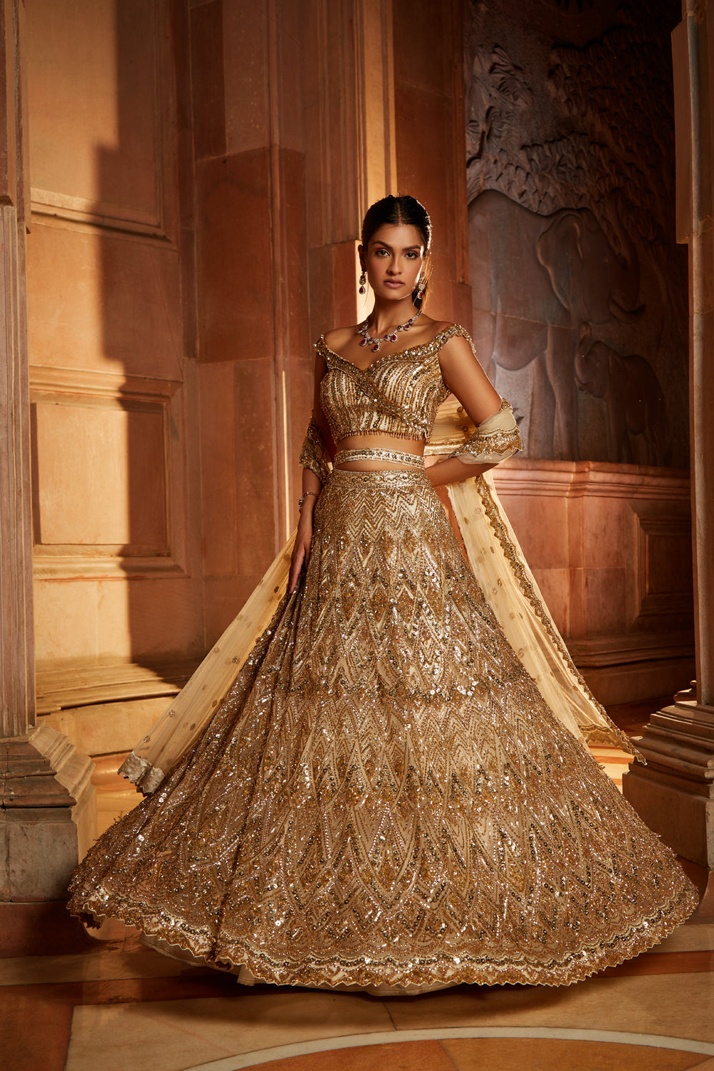 Champagne Gold Tulle Lehenga Choli Dupatta Set with Worked Belt