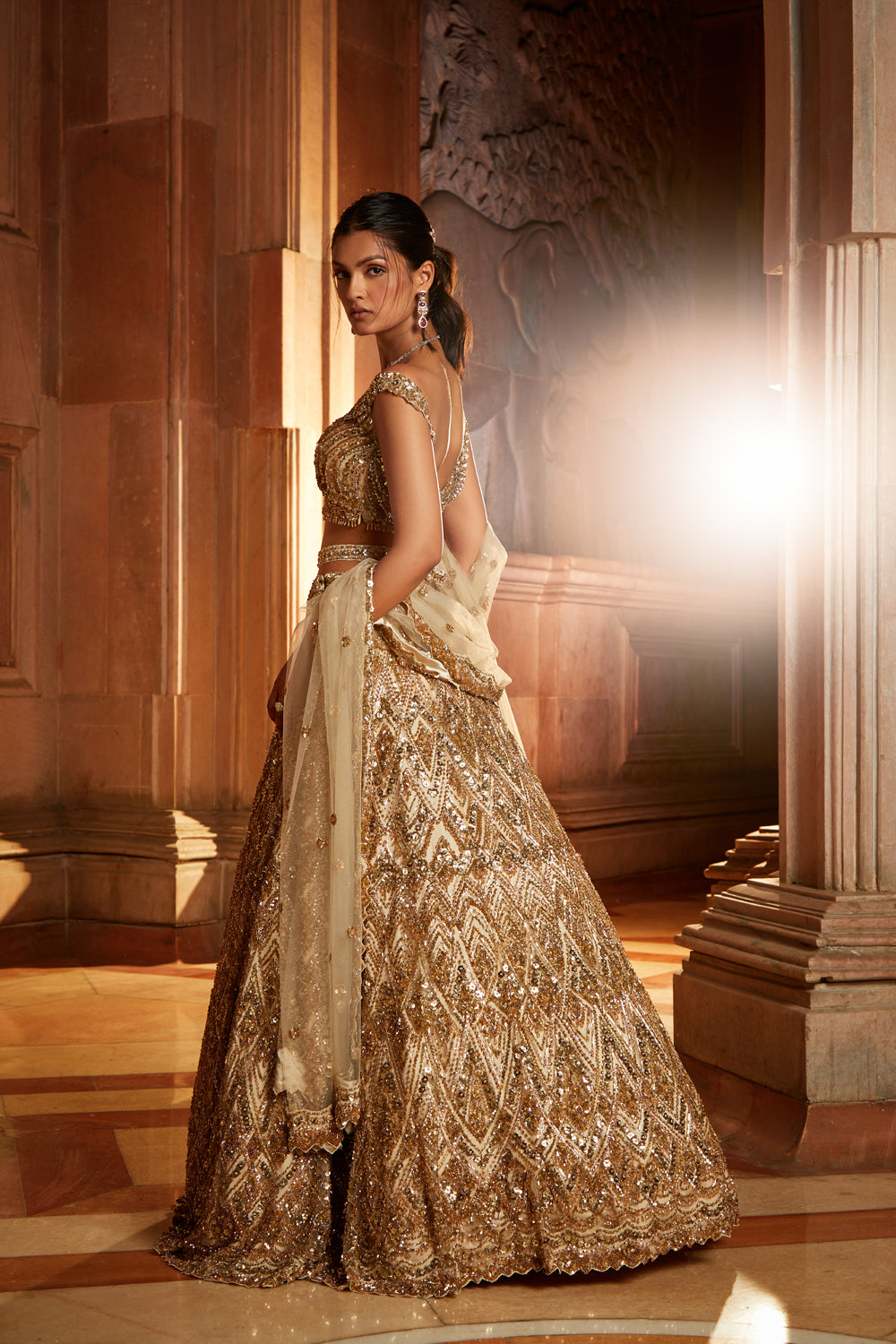 Champagne Gold Tulle Lehenga Choli Dupatta Set with Worked Belt