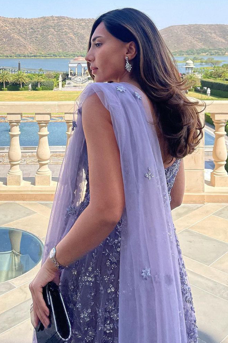 strapless open back dress Daleeda Soomar in Smoky Lilac Peplum Sharara Set