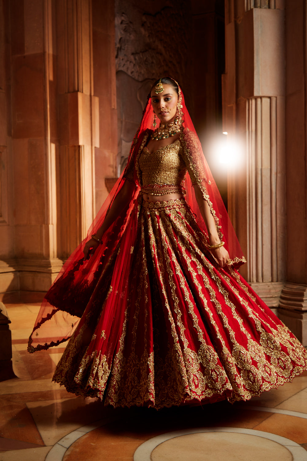 green emerald velvet dress Deep Red Raw Silk Lehenga with Gold Choli and Tulle Dupatta