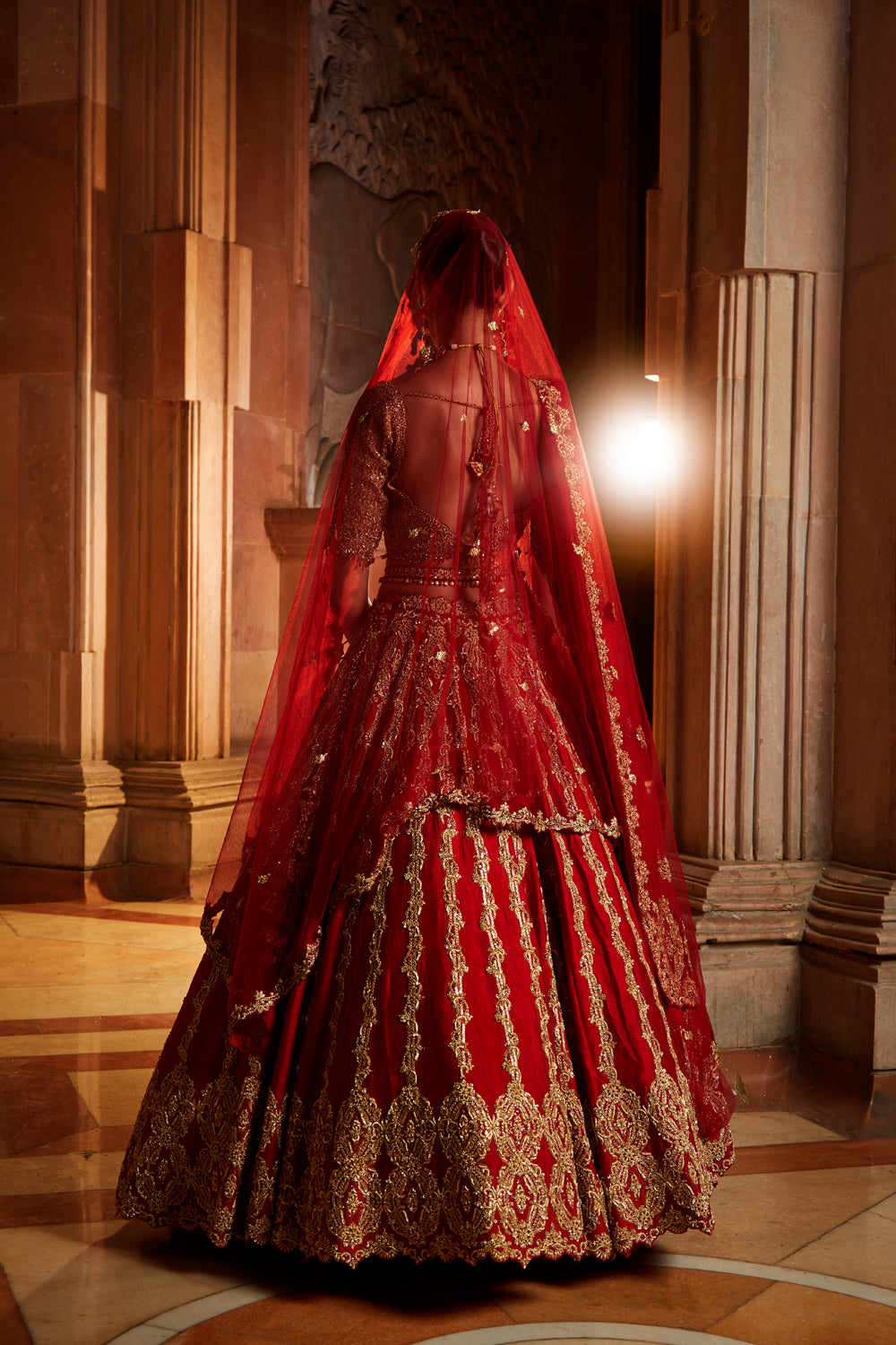 Deep Red Raw Silk Lehenga with Gold Choli and Tulle Dupatta