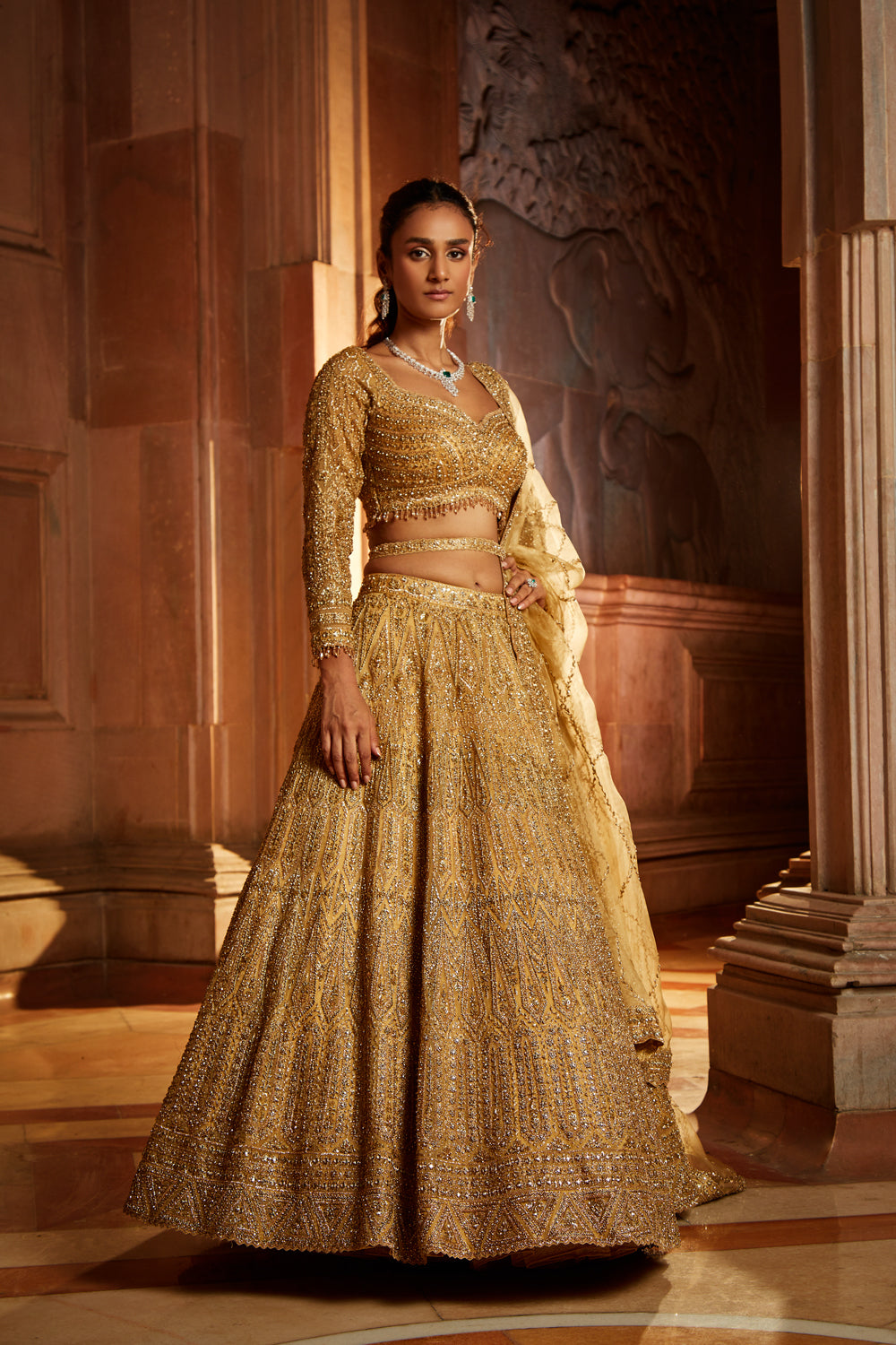 Gold Organza Lehenga Choli Dupatta with Worked Belt