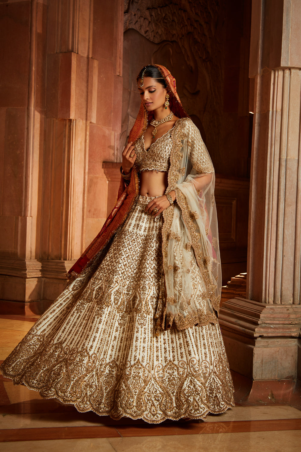 Ivory Tafetta Lehenga Choli Set with a Tulle Dupatta and Optional Bandhej Second Dupatta