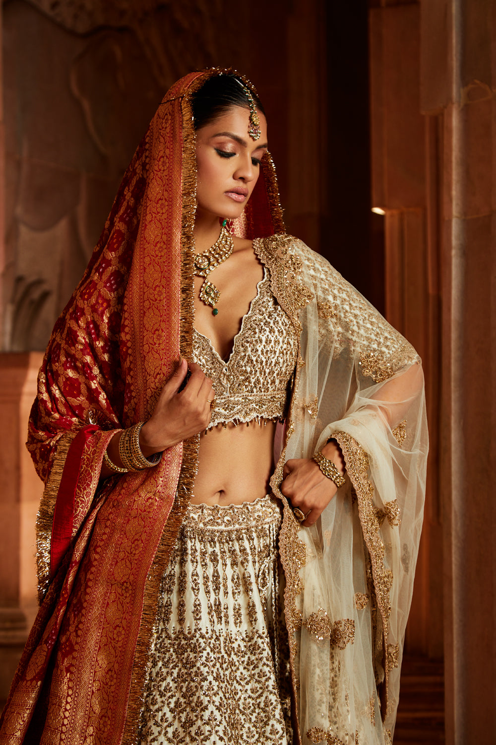 Ivory Tafetta Lehenga Choli Set with a Tulle Dupatta and Optional Bandhej Second Dupatta
