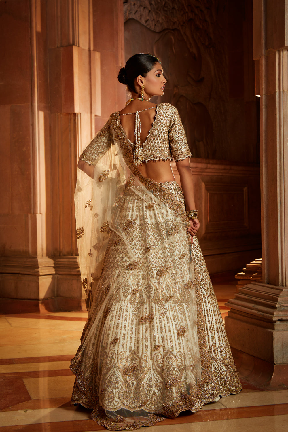 Ivory Tafetta Lehenga Choli Set with a Tulle Dupatta and Optional Bandhej Second Dupatta