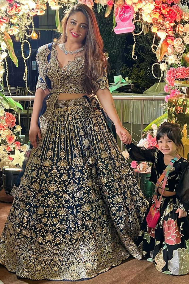Mahhi Vij in Midnight Blue Taffeta Lehenga Gota Work