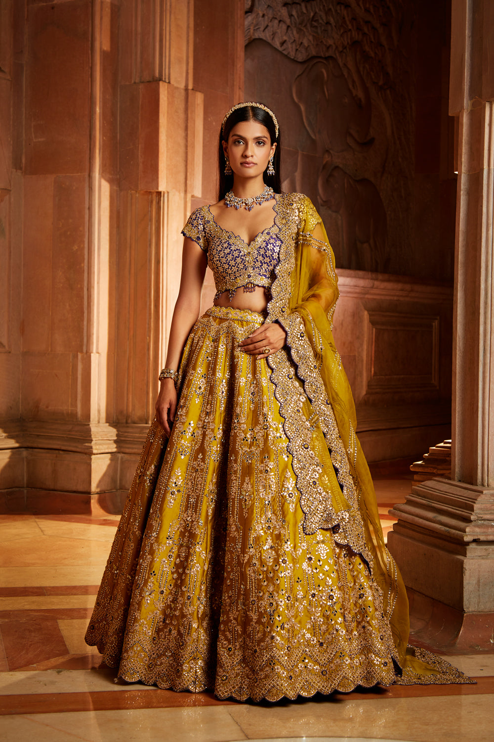 Mustard Tafetta Lehenga Purple Choli Organza Set Nitika Gujral