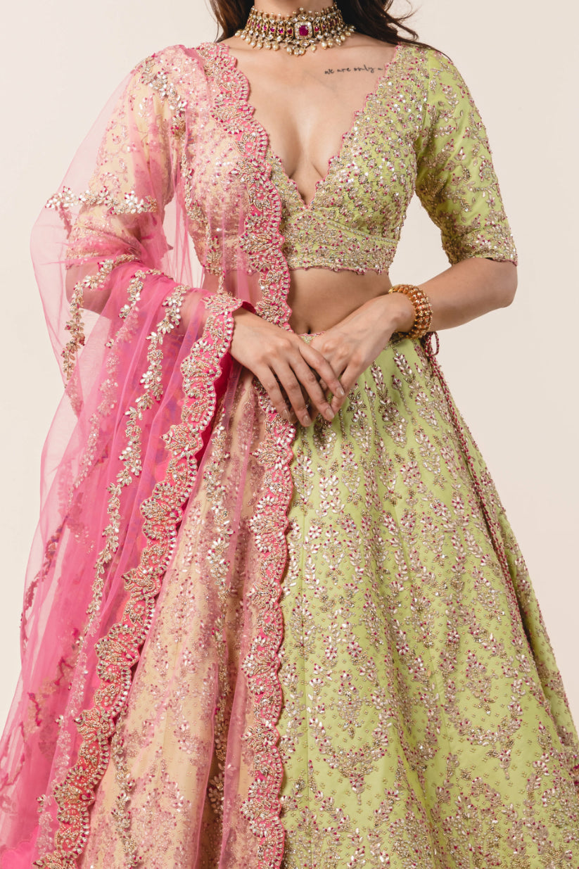 Lime Green Tafetta Lehenga Choli Set
