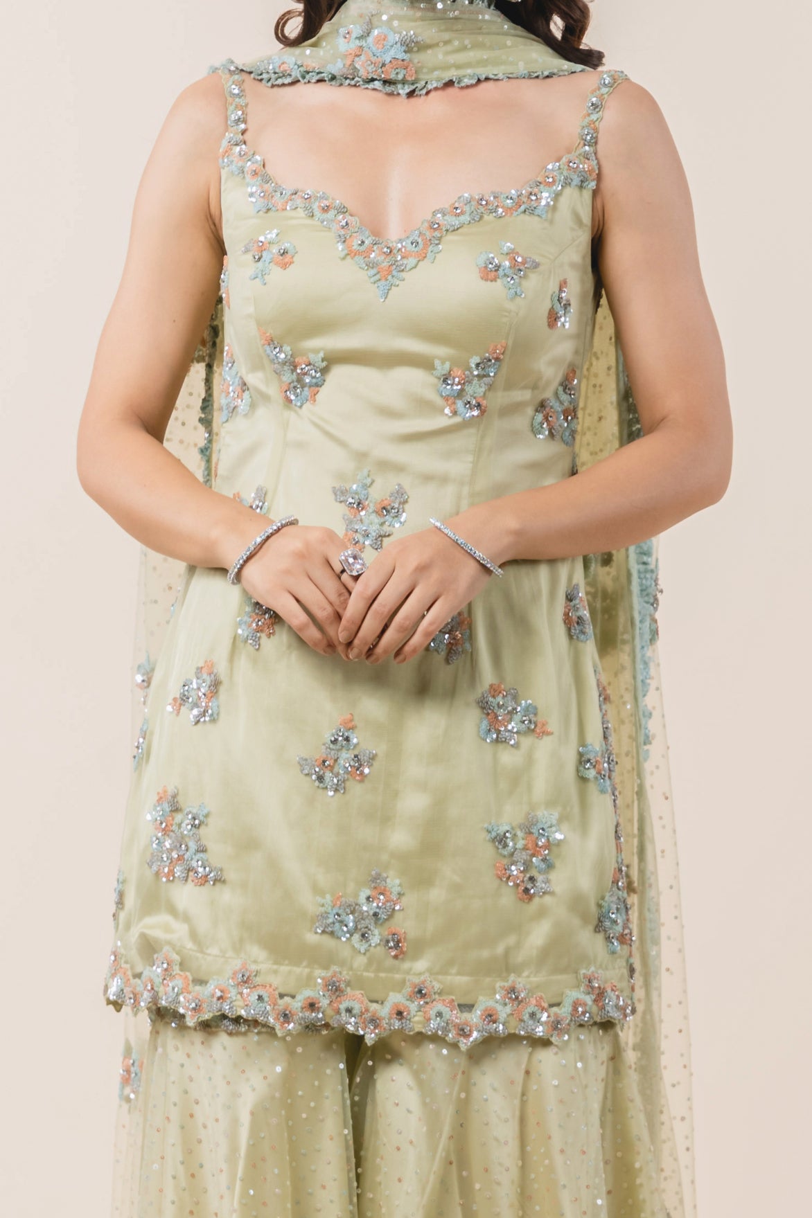 Light Olive Green Tulle Shirt Garara Set
